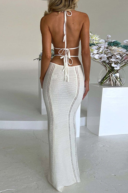 Plunging Halter Neck Crochet Waist Cut Out Open Knit Maxi Dress 2