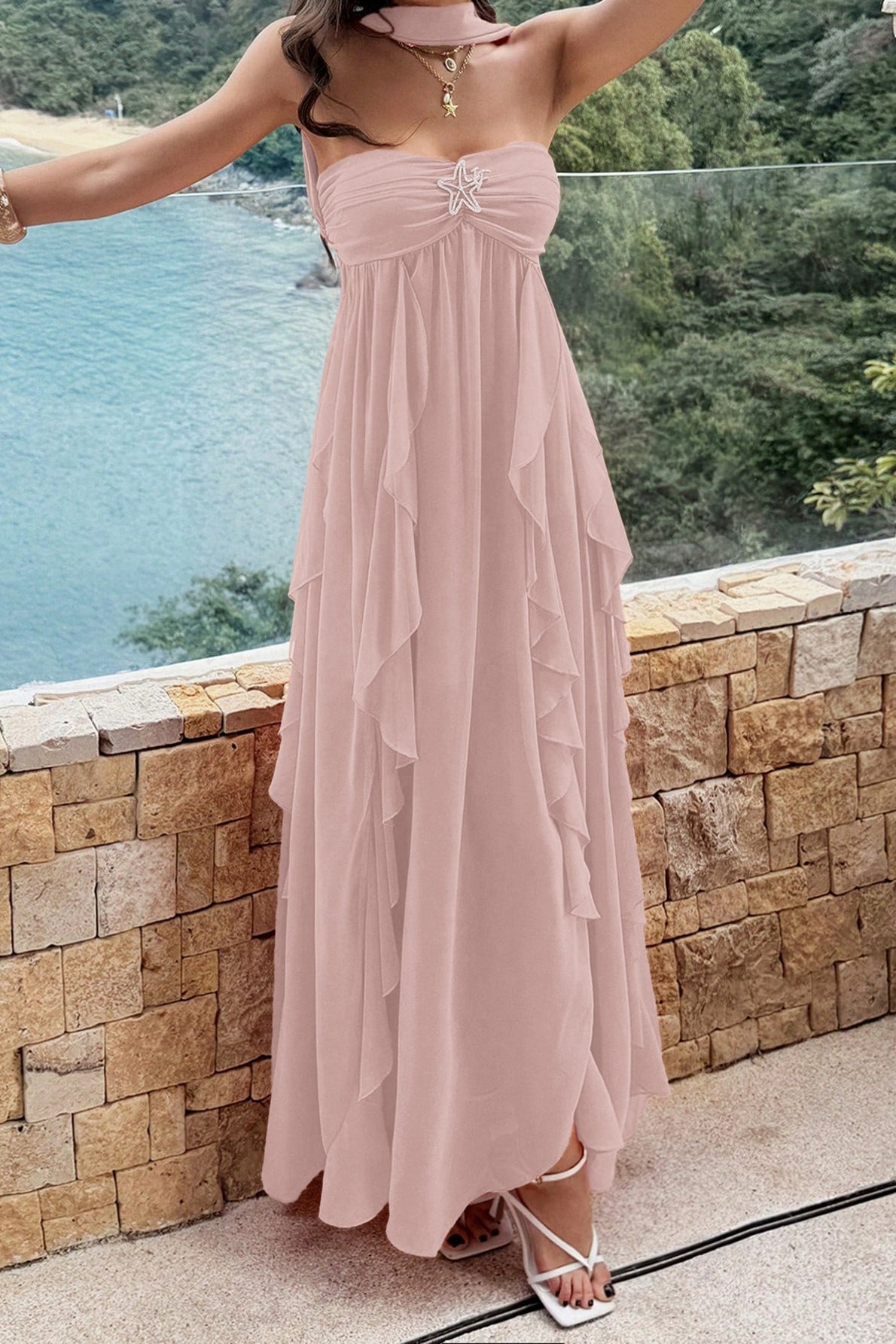 Strapless Starfish Detail Tiered Ruffle Chiffon Maxi Dress 8