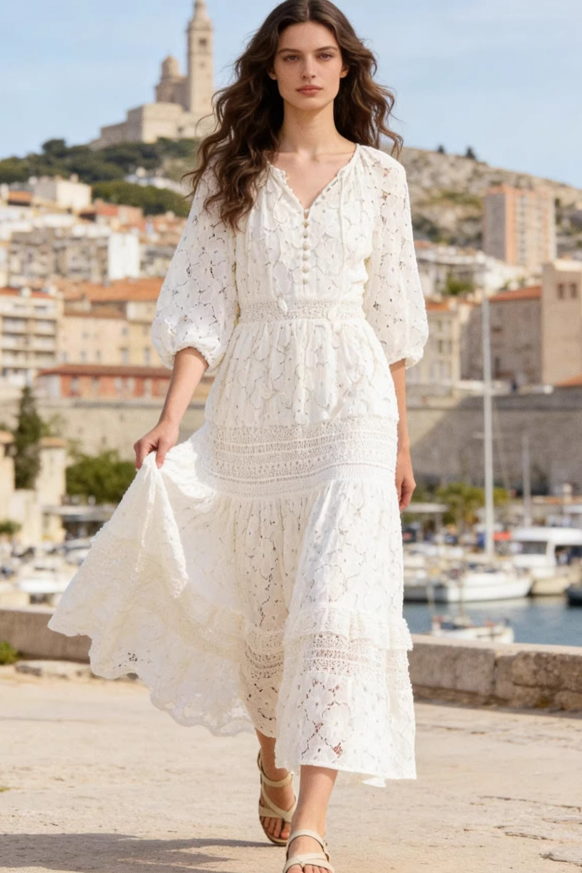 Lace cutout high waist vacation dress