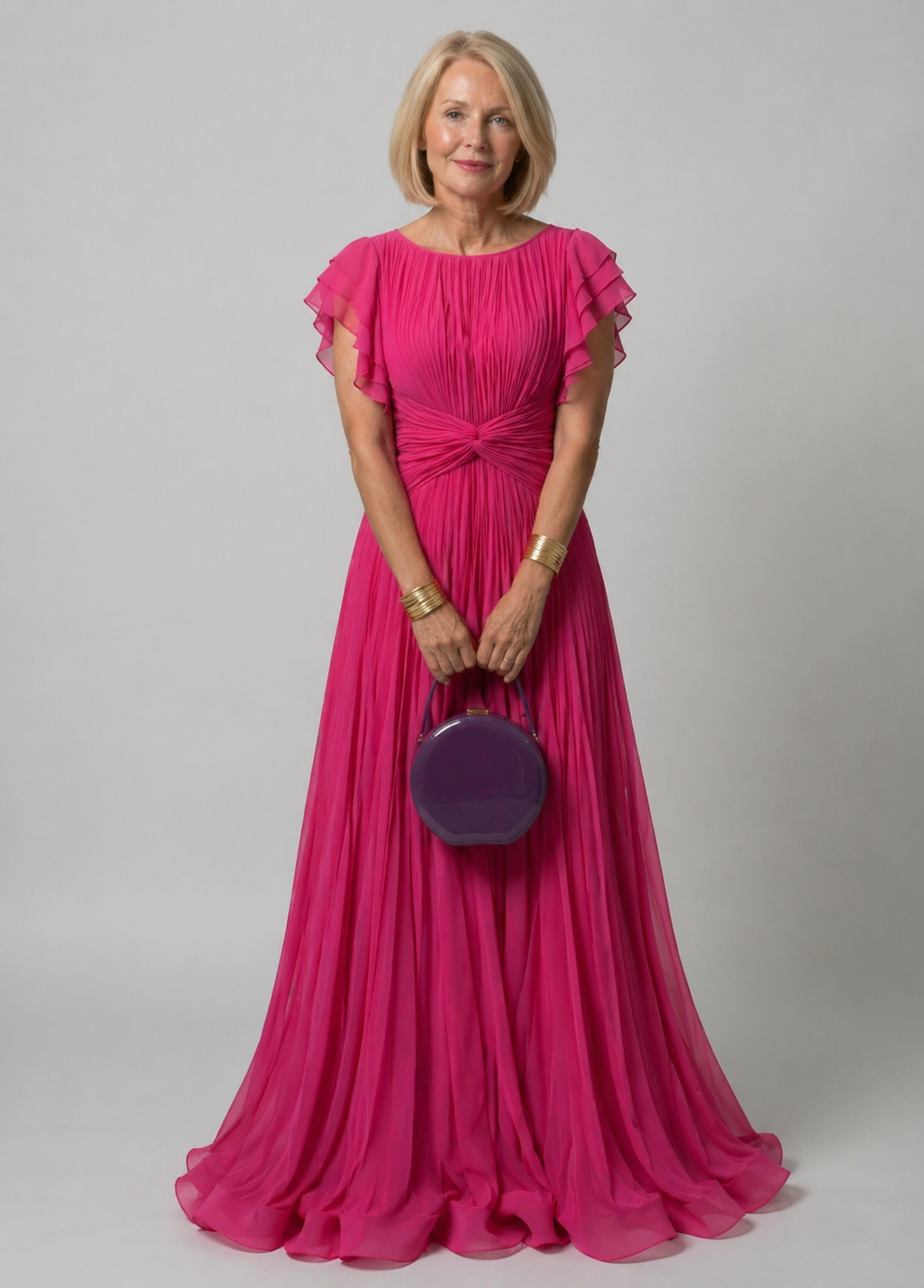 Round Neck Pleated Chiffon Flutter Sleeve Twist Front Maxi Gown 2