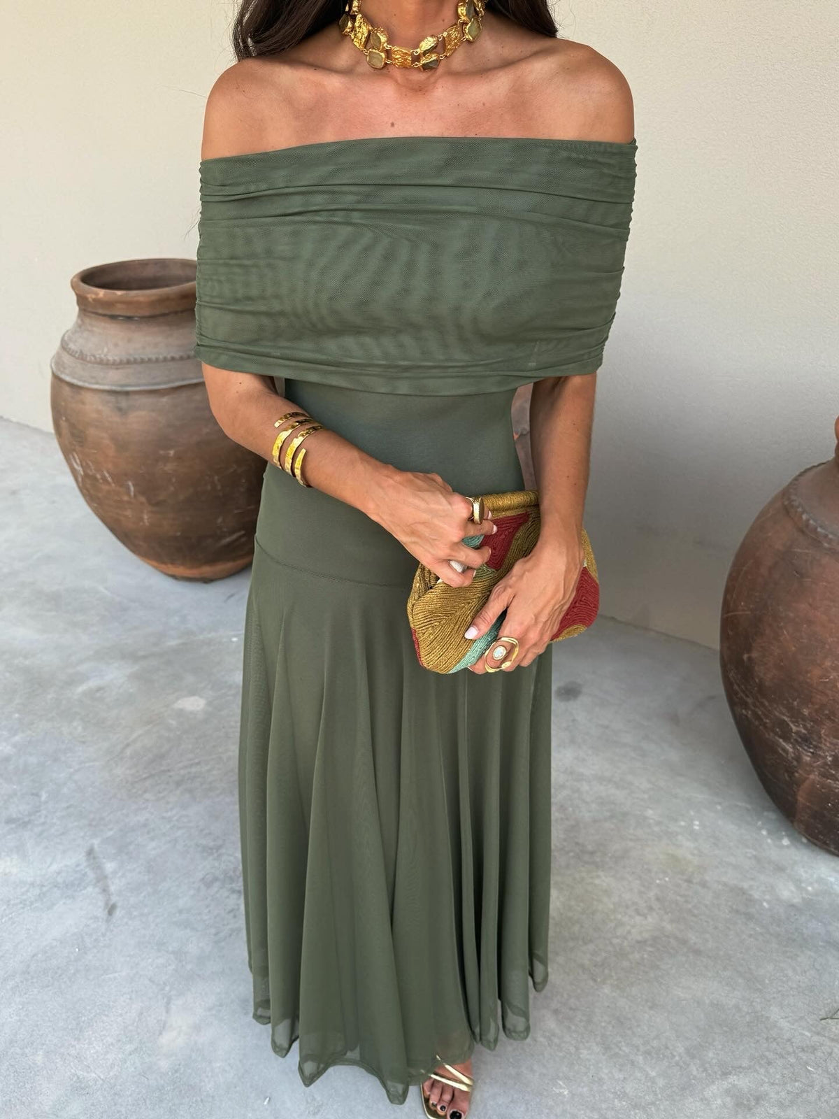 Off-Shoulder Draped Ruched Chiffon Flowy A-Line Maxi Gown 5