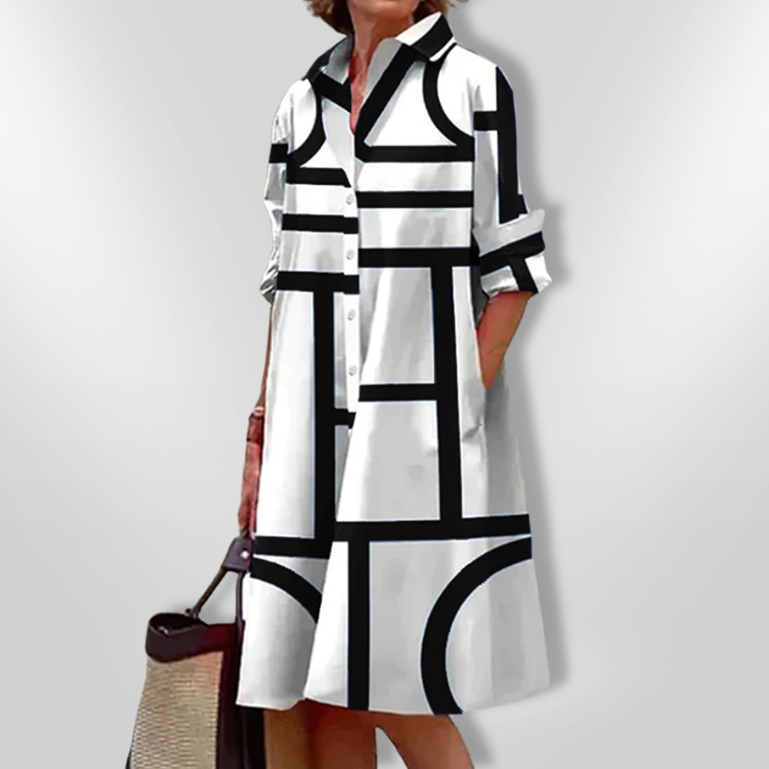 Lapel Collar Geometric Print Button Front Pocket Shirt Dress