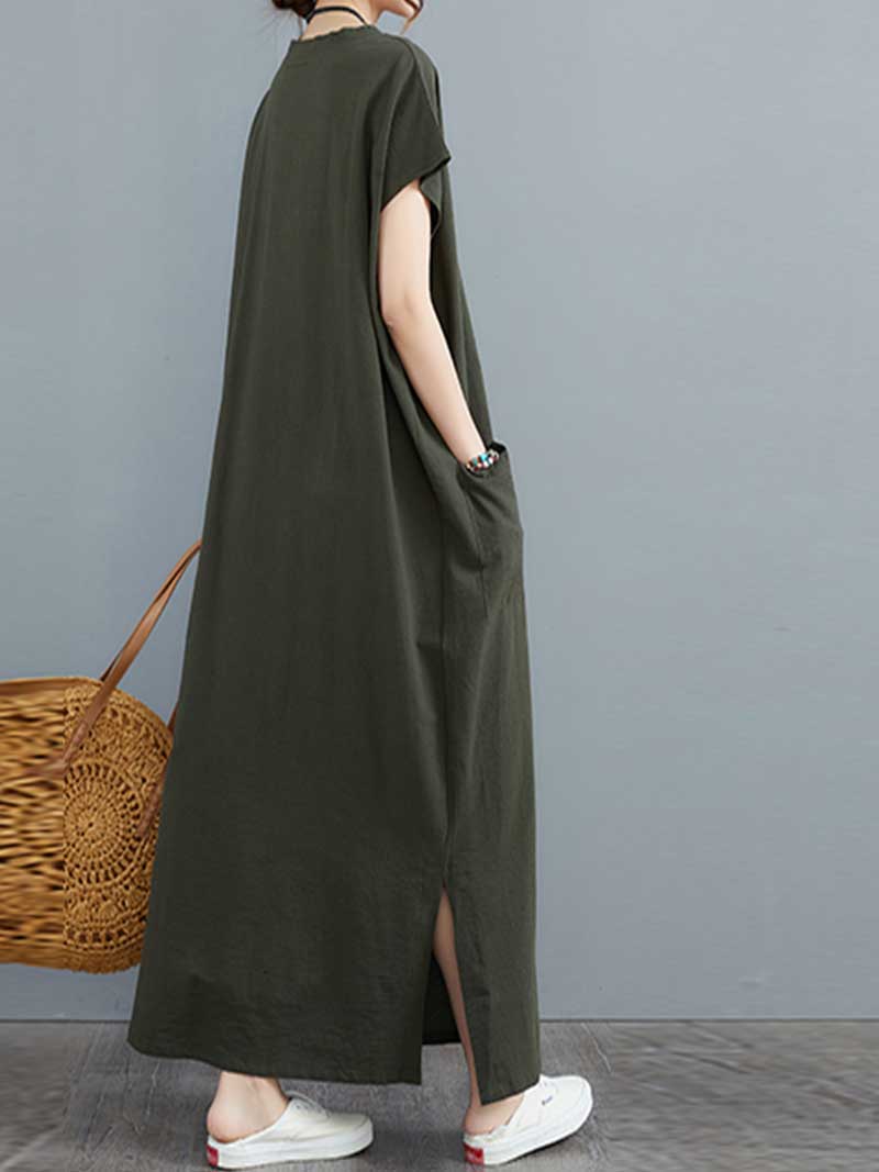 Hemp Material Plain Short Sleeves With Double Side Pocket A-Line Dress