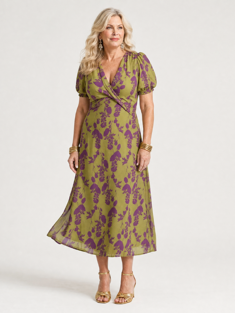 Floral Surplice V-Neck Floral Puff Sleeve Wrap A-Line Midi Dress 6