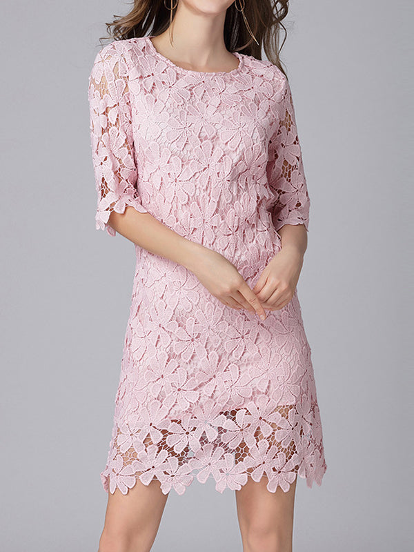 Pink Round Neck Floral Crochet Lace Scalloped Hem Shift Mini Dress 5