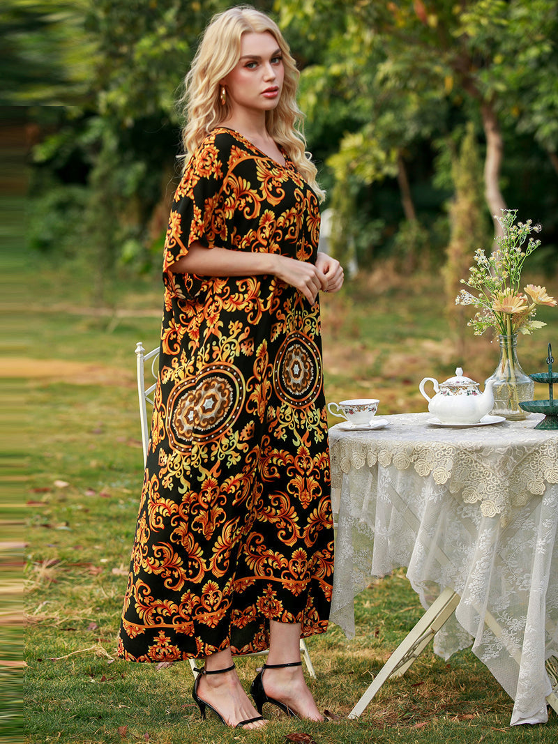 Yellow V-Neck Baroque Print Batwing Sleeve Loose Kaftan Maxi Dress