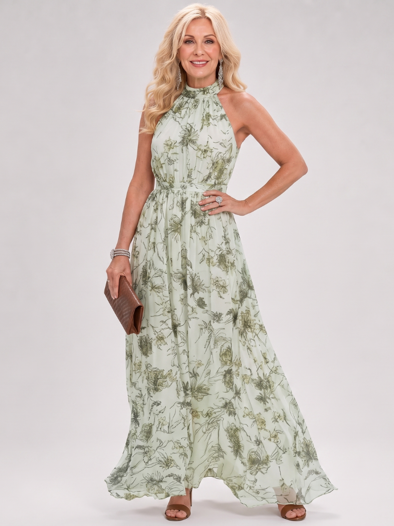 Halter Neck Floral Keyhole Belted Waist Flowy Maxi Dress 2