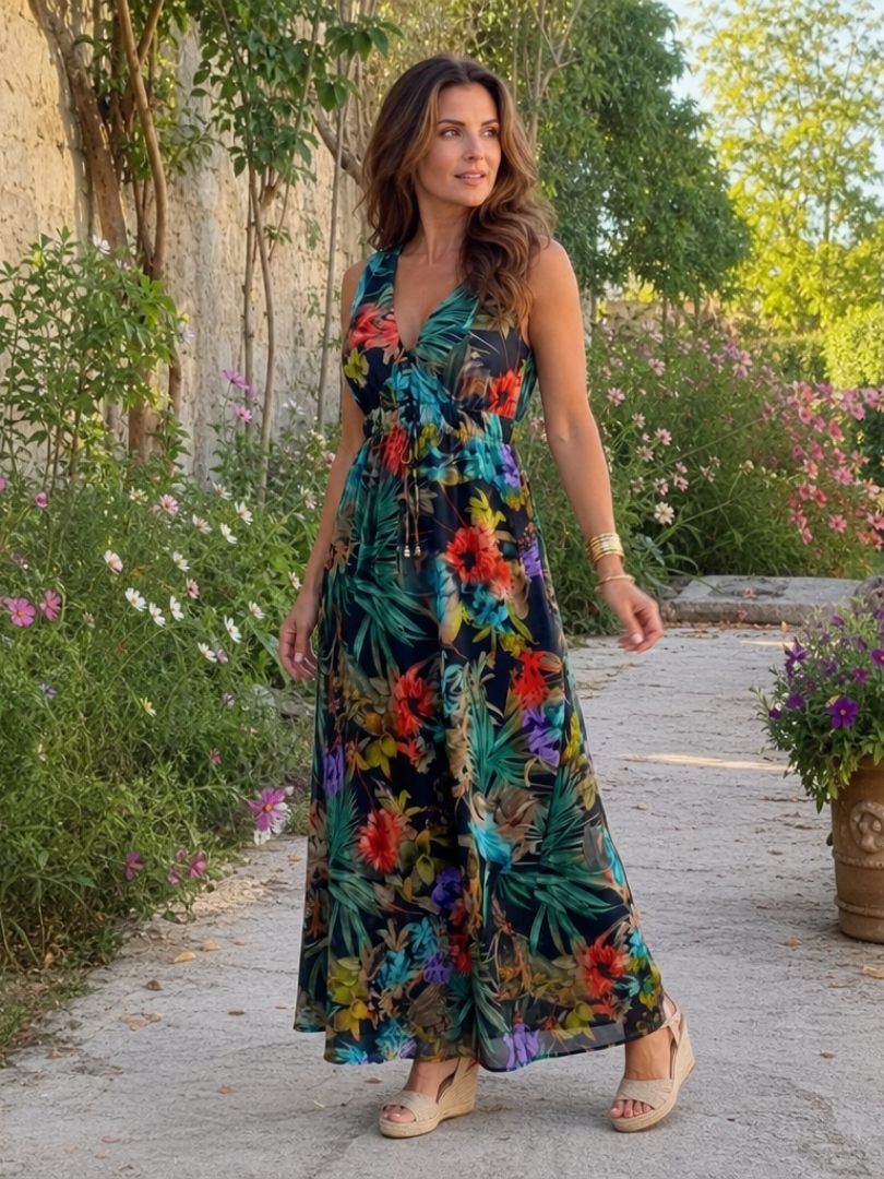 V-Neck Leaf Print Half Sleeve Crochet Trim Empire Maxi Dress 8