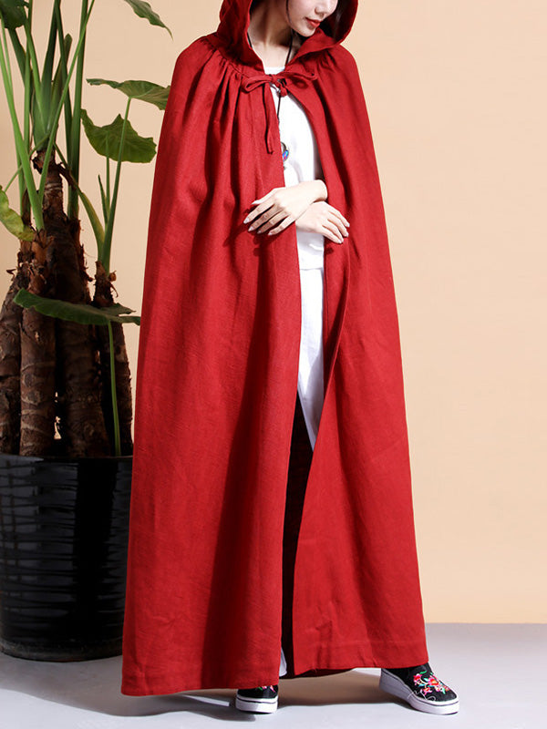 Hooded Open Front Linen Long Cape Coat