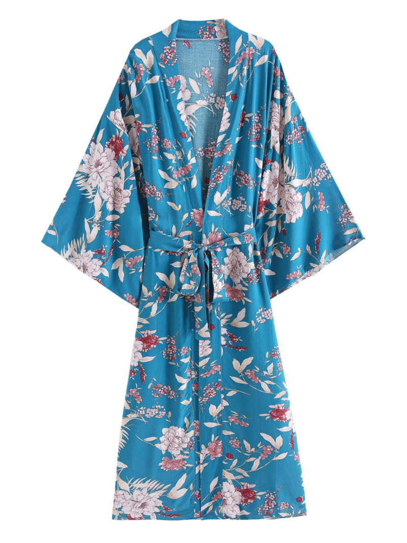Blue Floral Print Belted Wide Sleeve Long Kimono Robe