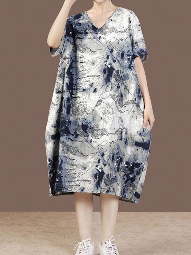 Grey V-Neck Ink Print Satin Short Sleeve Loose Cocoon Midi Dress
