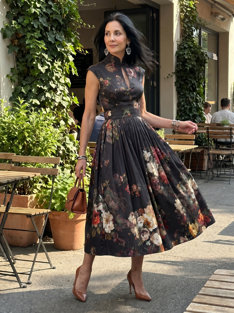 Black High Neck Keyhole Floral Pleated A-Line Midi Dress