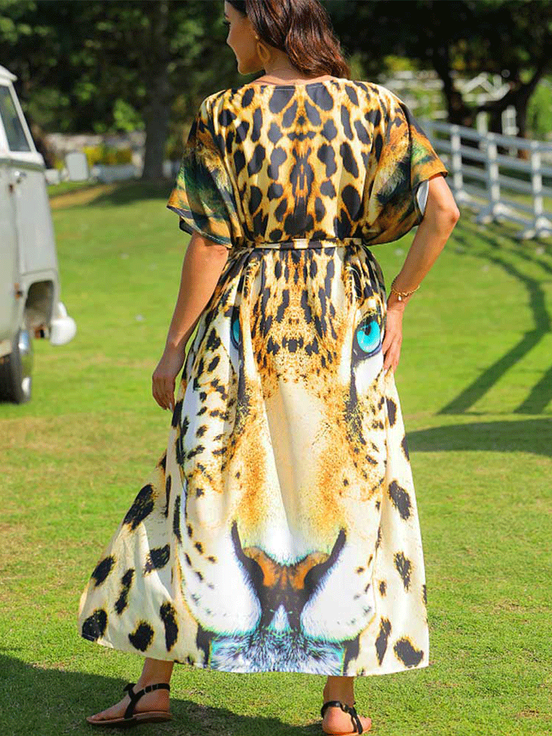 Yellow Leopard Leopard Print Open Front Long Length Duster Kimono
