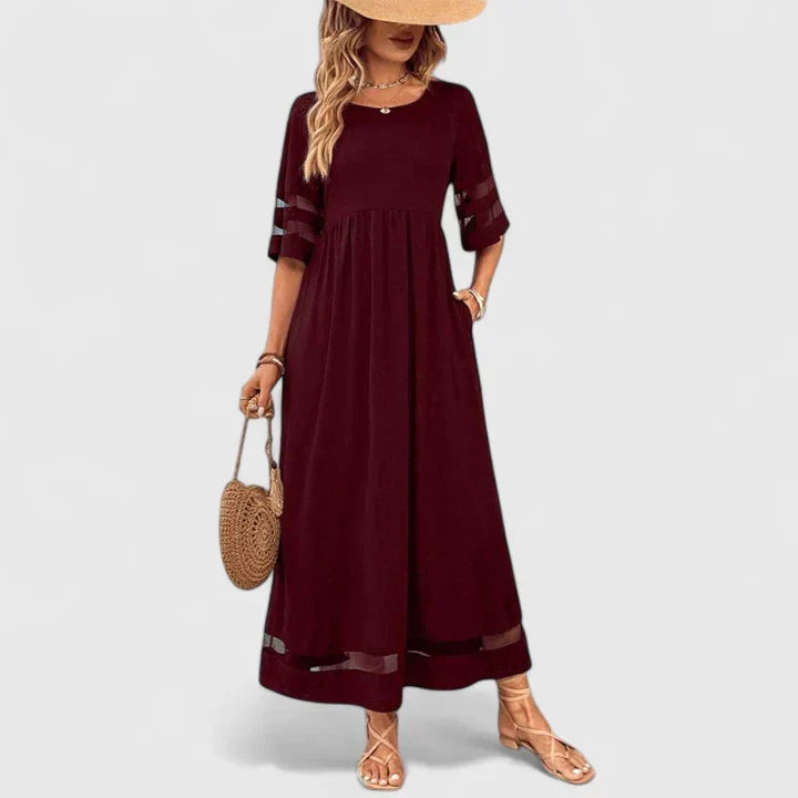 Round Neck Mesh Stripe Sleeve Tiered A-Line Maxi Dress 2