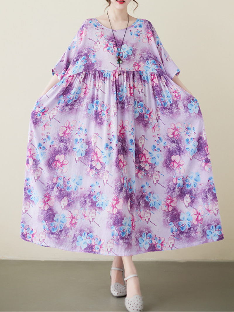 Purple Round Neck Batwing Sleeve Floral Print Pleated Smock Maxi Dress