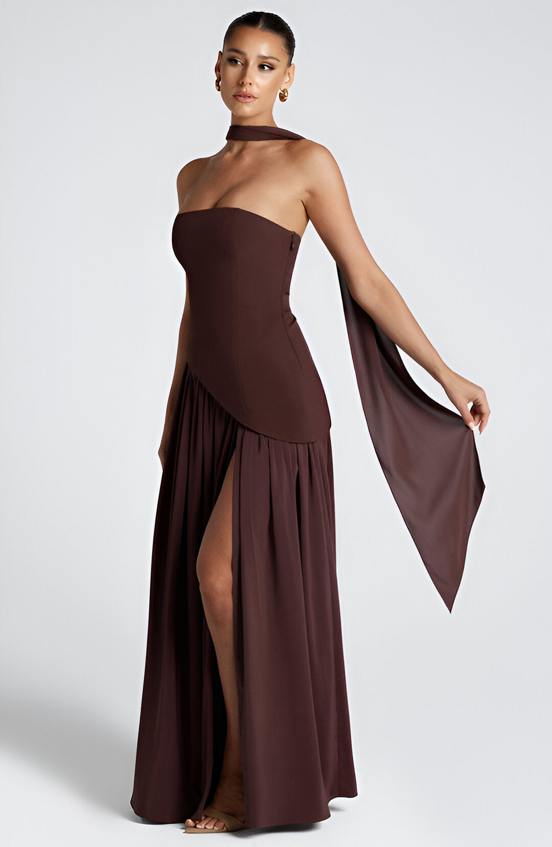 Strapless Neck Scarf Asymmetric High Slit Flowy Maxi Gown 8