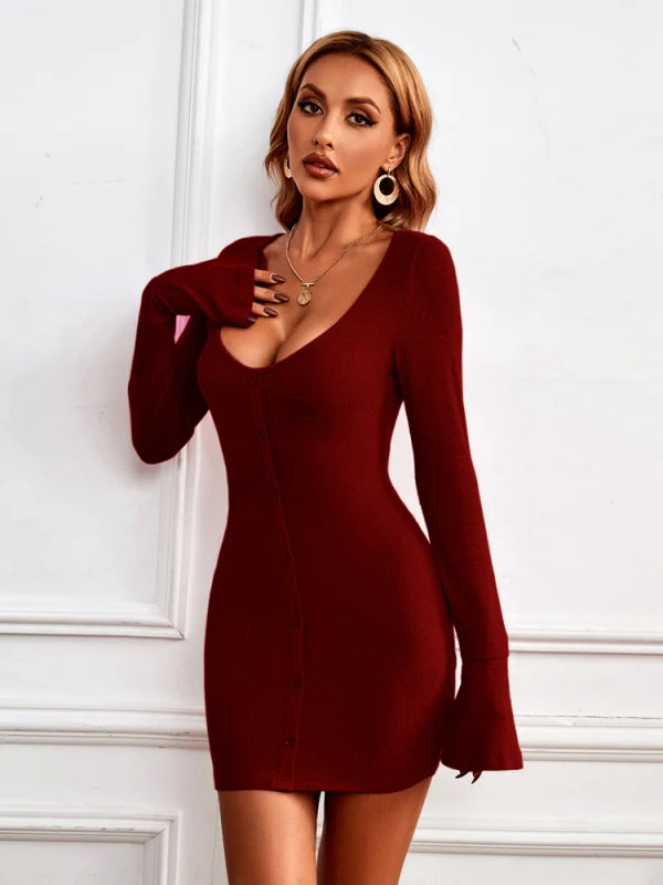 Single-Breasted Knitted Long-Sleeved Dress M / Black