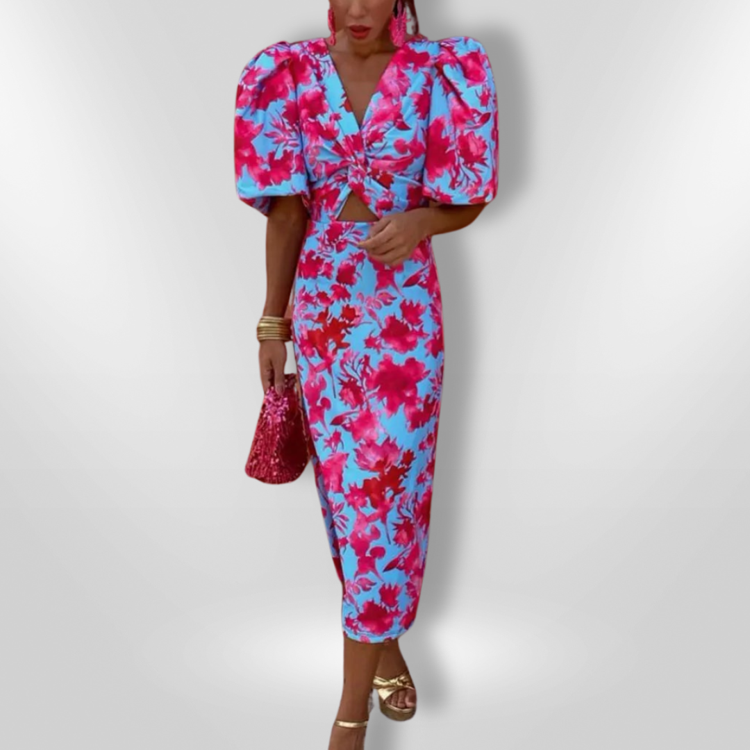 V-Neck Abstract Print Puff Sleeve Ruched Bodycon Maxi Dress 6