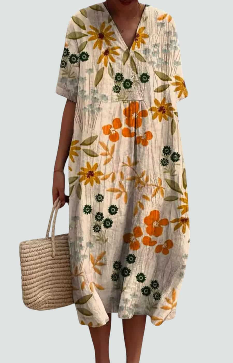 V-Neck Floral Print Short Sleeve Relaxed Cocoon Midi Dress