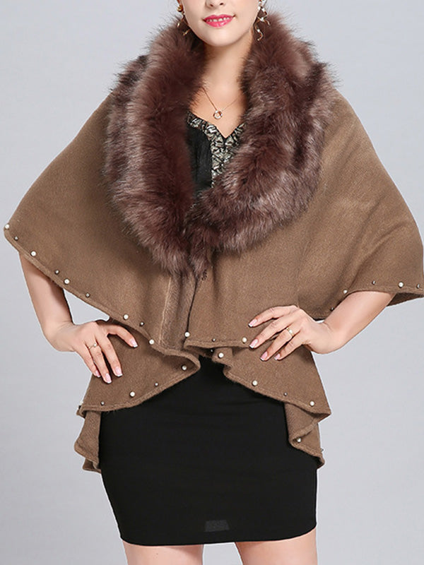 Fur Collar Pearl Trim Draped Knit Cape Cardigan 7