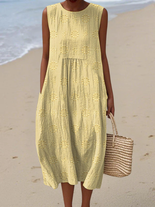Round Neck Sleeveless Floral Motif Embossed Pocket Shift Midi Dress