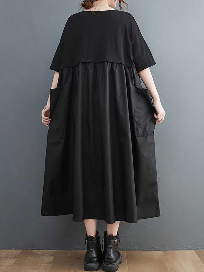 Black Round Neck Short Sleeve Layered Loose A-Line Maxi Dress