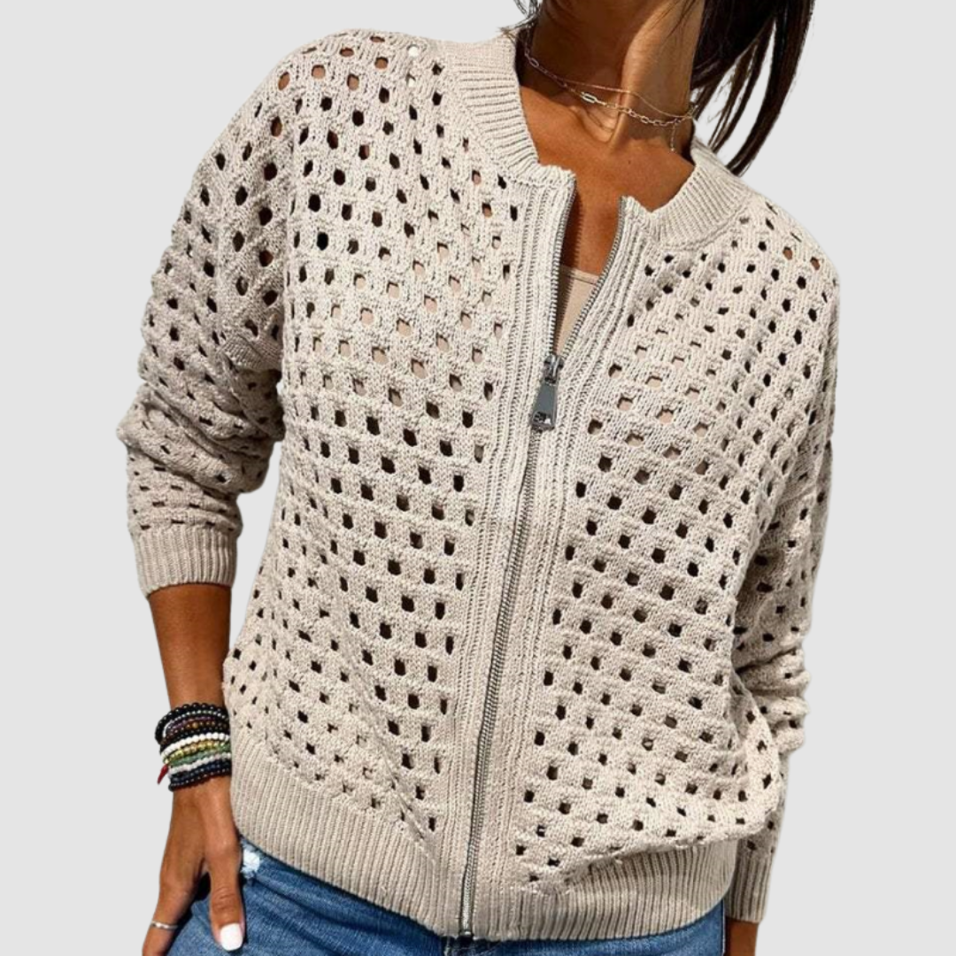 Crochet Hollow Out Zip Front Long Sleeve Cardigan