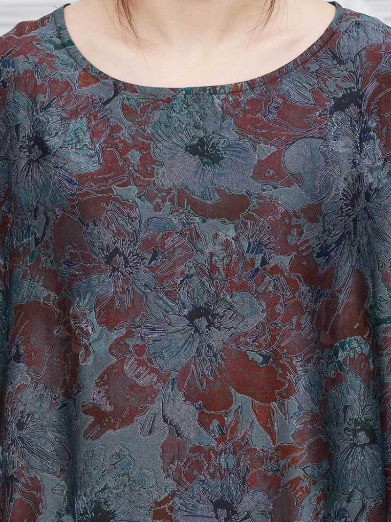 Blue Round Neck Floral Print Batwing Sleeve Loose Kaftan Maxi Dress