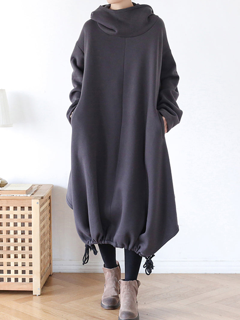Hooded Long Sleeve Drawstring Hem Loose Cocoon Midi Dress 2