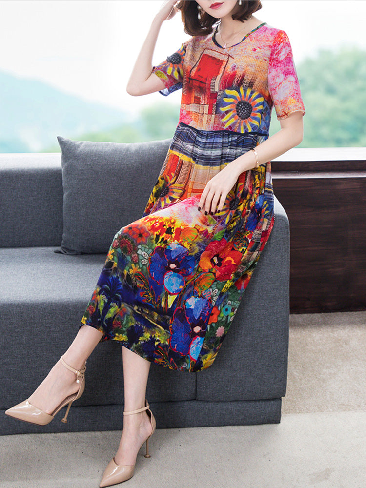 Round Neck Sunflower Floral Print Short Sleeve A-Line Midi Dress 4