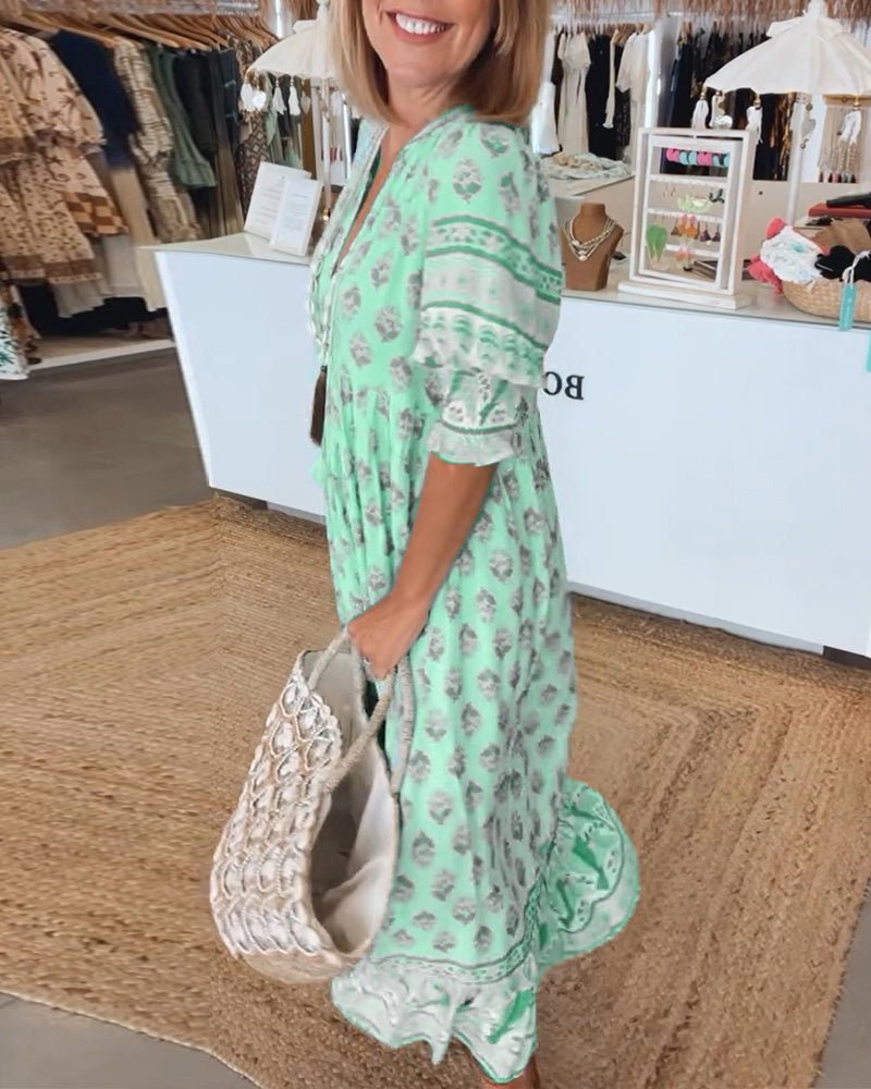 Split V-Neck Boho Border Print Ruffle Sleeve Tiered A-Line Midi Dress