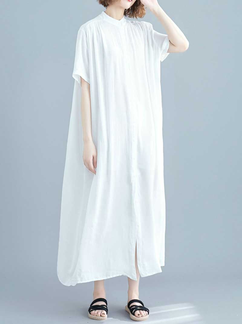 Button Front Short Sleeve Loose Cotton Shirt Maxi Dress 12