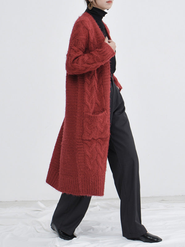 Open Front Cable Knit Fuzzy Longline Pocket Cardigan 6