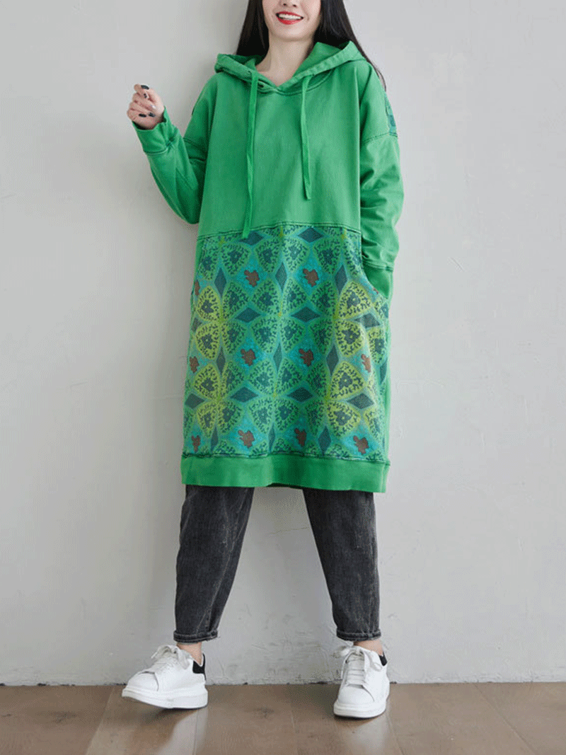 Hooded Drawstring Printed Pocket Sweatshirt Midi Dress 6