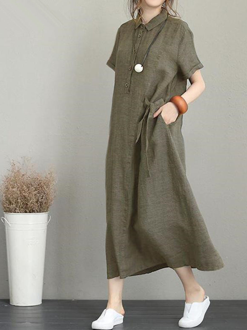 Collared Button Placket Short Sleeve Linen Shirt Maxi Dress 2