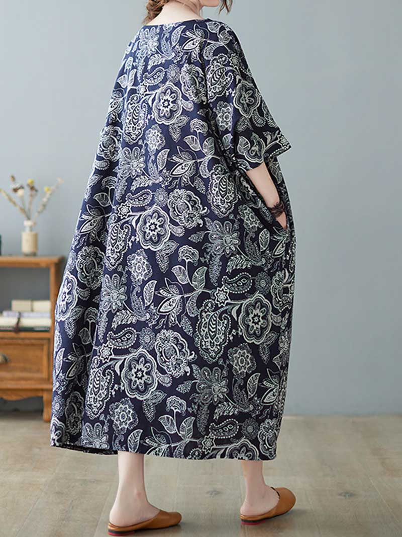 Navy Blue Round Neck Paisley Floral Print Short Sleeve Loose Maxi Dress 5