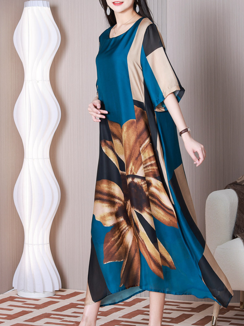 Round Neck Floral Print Short Sleeve Loose A-Line Maxi Dress 5