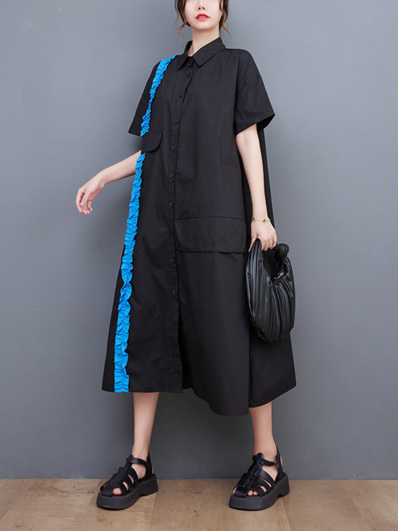 Black Collared Button-Up Ruffle Trim Short Sleeve Shirt Midi Dress 2