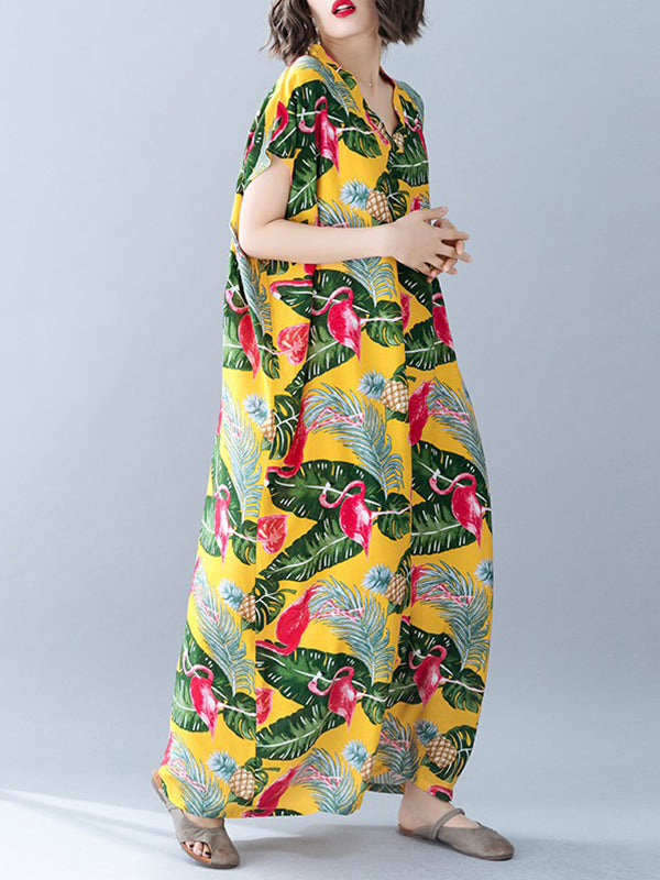 V-Neck Tropical Flamingo Print Short Sleeve Loose Kaftan Maxi Dress 5