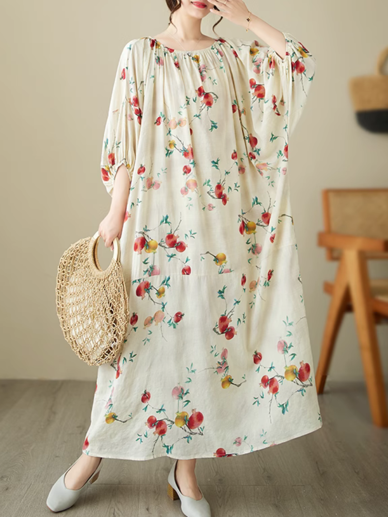 White Round Neck Fruit Print Batwing Sleeve Loose A-Line Maxi Dress