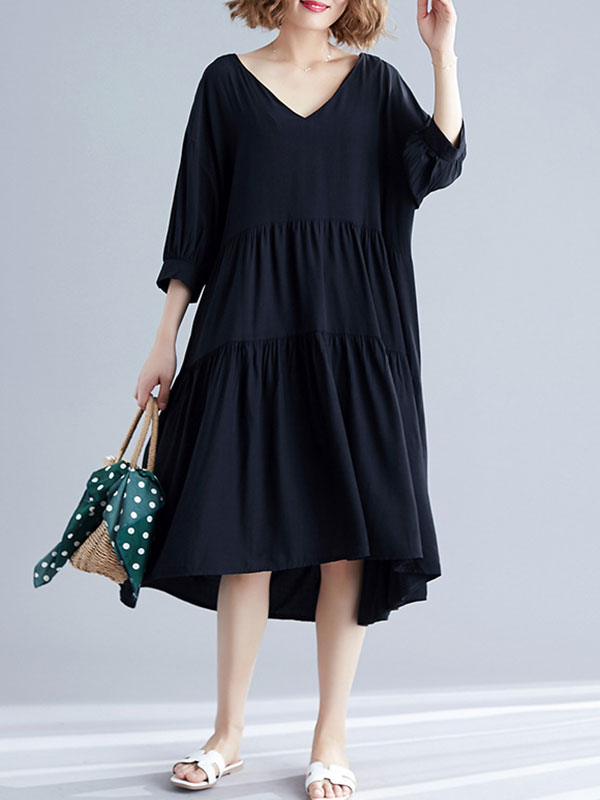 V-Neck Three-Quarter Sleeve Tiered Loose A-Line Midi Dress 14