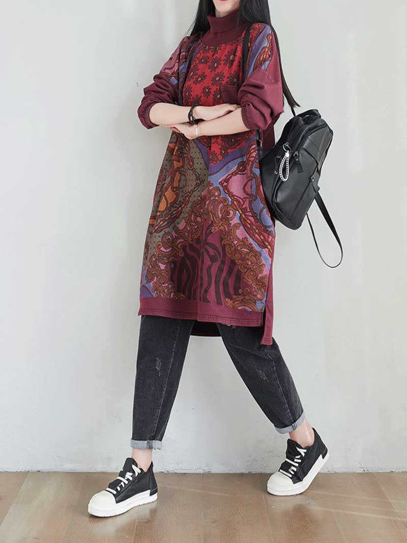 Round Neck Mixed Print Plaid Panel Long Sleeve Shift Midi Dress 6