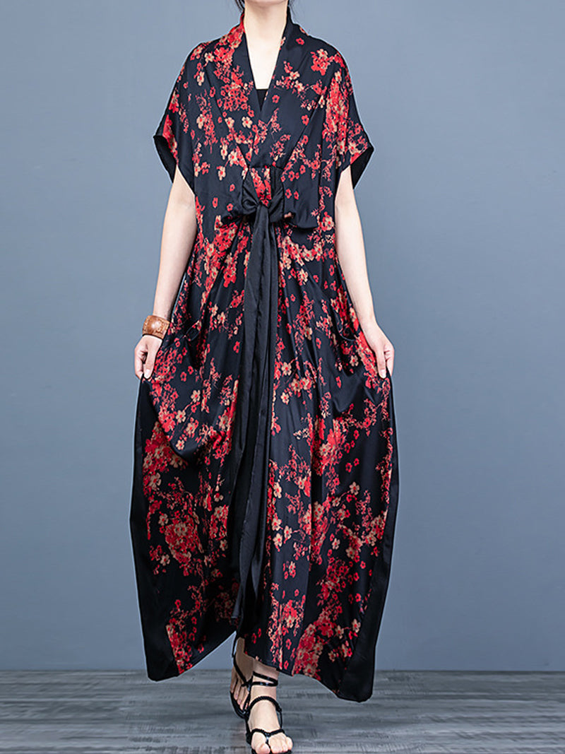 V-Neck Short Sleeve Floral Print Tie Front Loose Maxi Dress 2