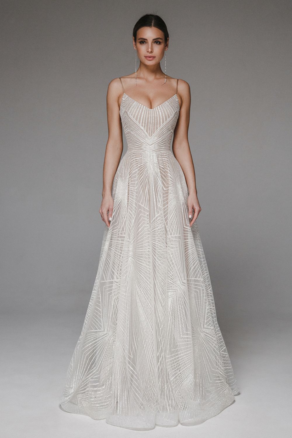 Spaghetti Strap Glitter Embellished A-Line Maxi Gown