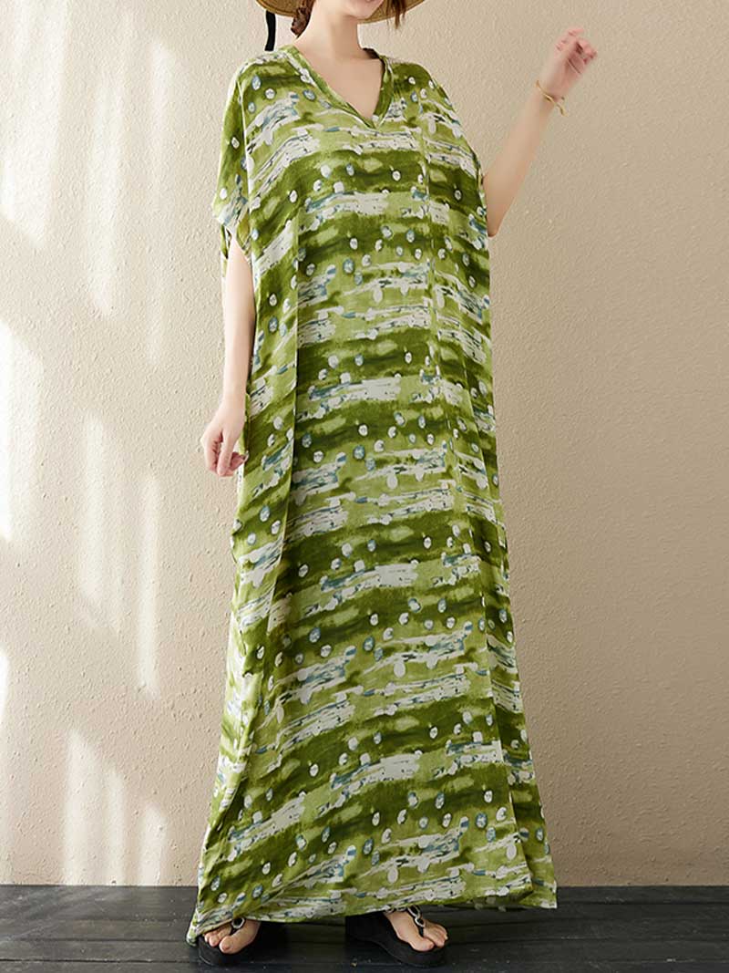 V-Neck Batwing Sleeve Abstract Print Loose Kaftan Maxi Dress