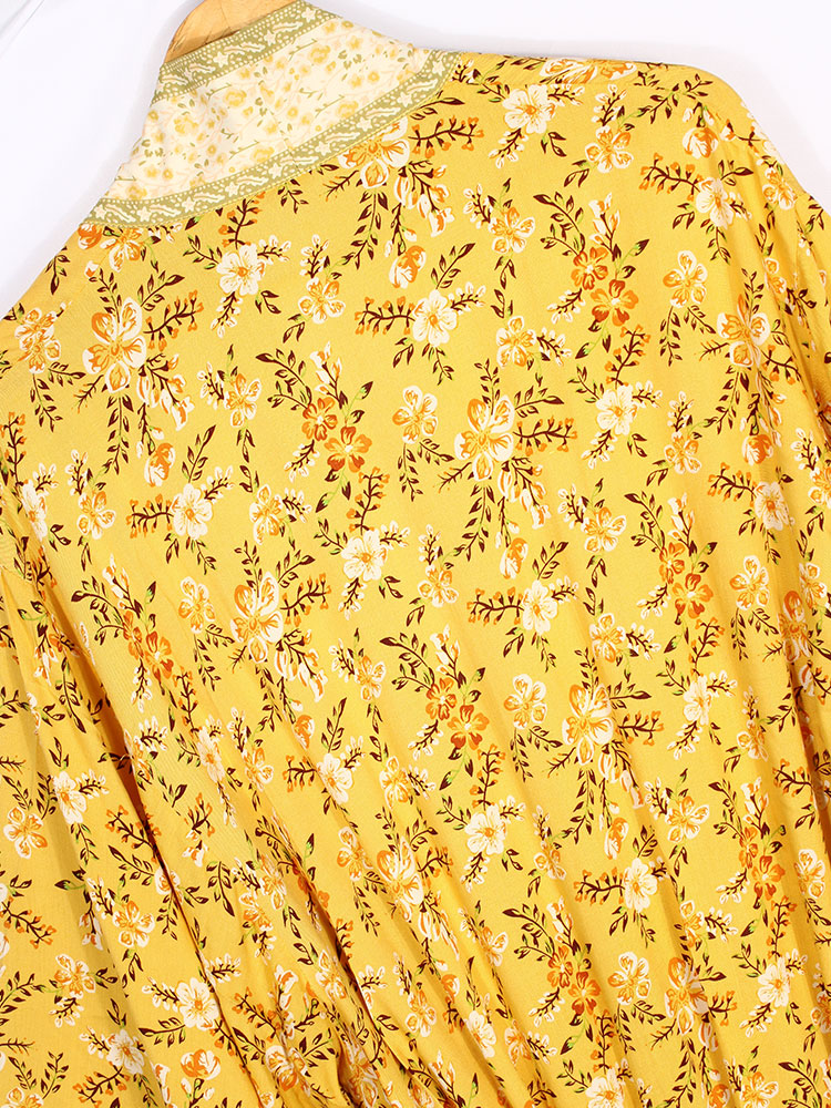 Yellow Ditsy Floral Print Open Front Long Kimono Robe 9