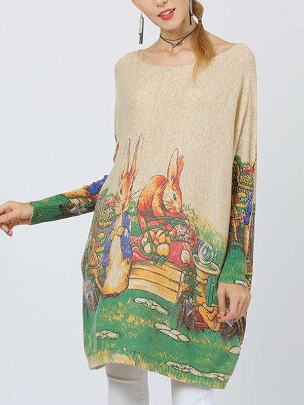 Boat Neck Rabbit Print Batwing Sleeve Loose Knit Sweater