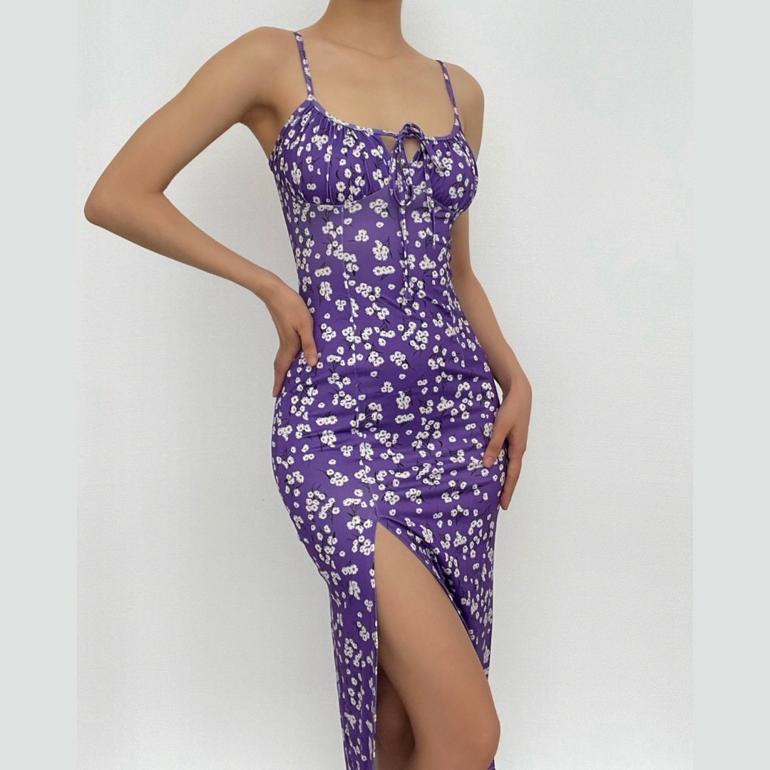High slit floral heart neck ruched dress