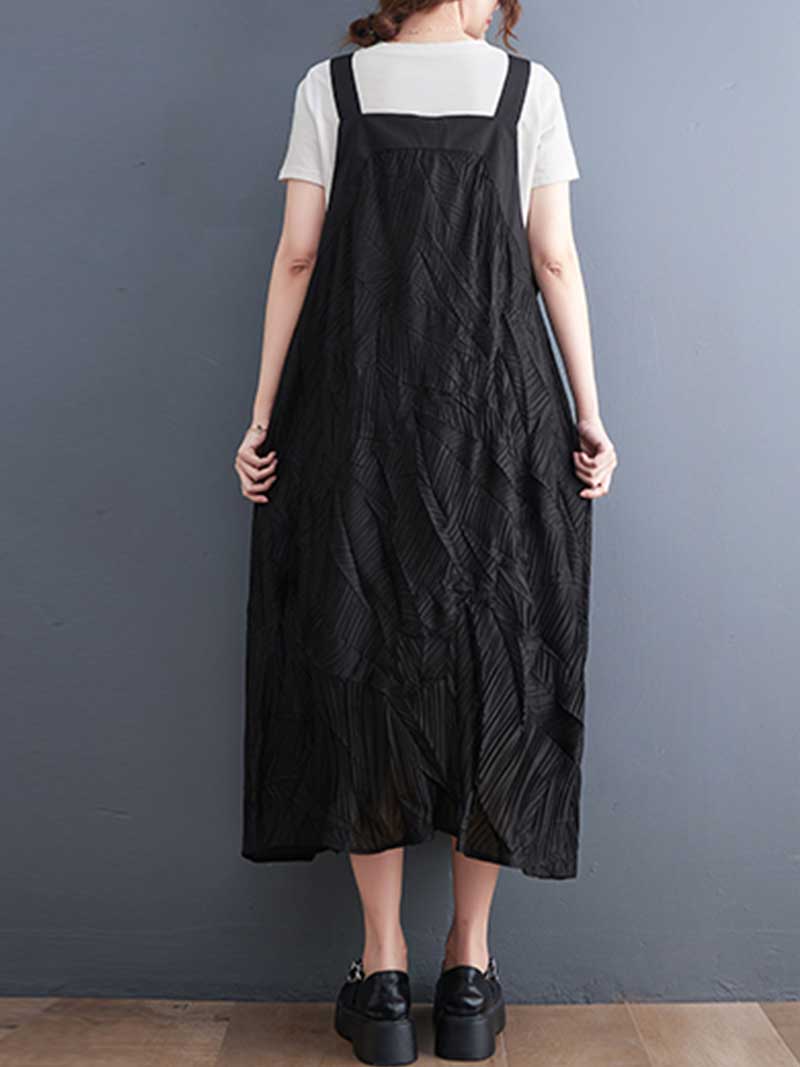 Black Button Strap Textured Leaf Jacquard A-Line Pinafore Midi Dress 2