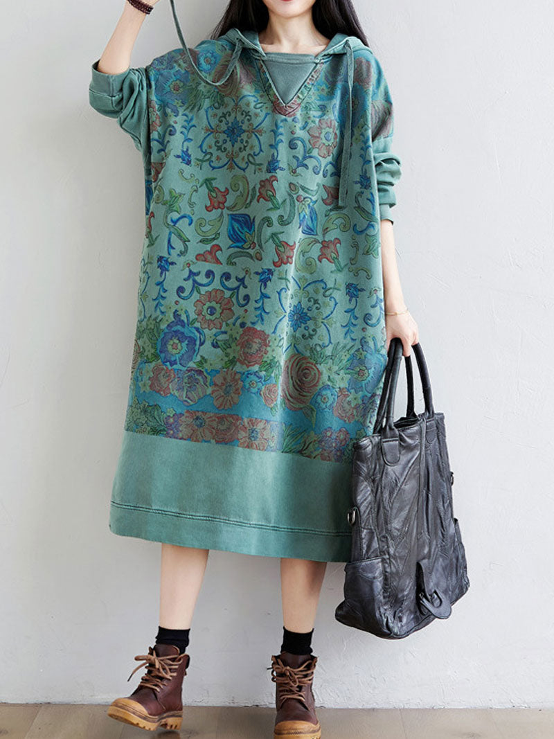 Hooded Floral Print Long Sleeve Loose Midi Dress 7